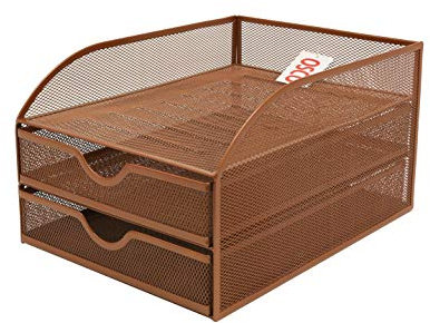 OSCO Rose Gold Wiremesh 2 Drawer Sorter with Letter Tray | A4 | Drawers | Desk Tidy | Document Storage | Paperwork Organiser | File Holder | H18.5 X W25 x D34.2 cm