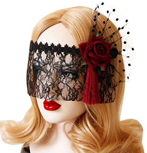 Vintage Spitze Stirnband mit Schleier Rose Blumen Spitzenmaske Cosplay Maskerade Party Augenmaske Halloween Karneval Fasching Kostüm Haarschmuck Damen Mädchen Schwarze Lace Haarband Kopfschmuck