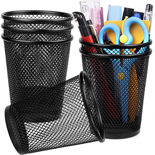 QYH Mesh Pencil Holder Metal Pen Cup Black for Desk 6 Packs, Office Caddy Storage