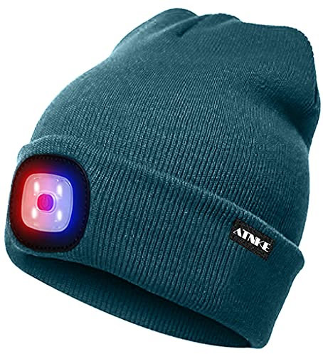 ATNKE LED Beleuchtete Mütze,Wiederaufladbare USB 4 LED Rot und Blau Leuchten Blinkender Laufmütze mit Licht Extrem Heller Lampe Winter Warme für Herren und Damen Geschenke/Olive Green