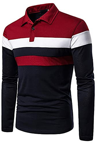 Men's Polo Shirt Long Sleeve Stripe Casual Golf T-Shirts Work Tee Tops Rugby Tennis Golf Pique T-Shirts Red Navy, S