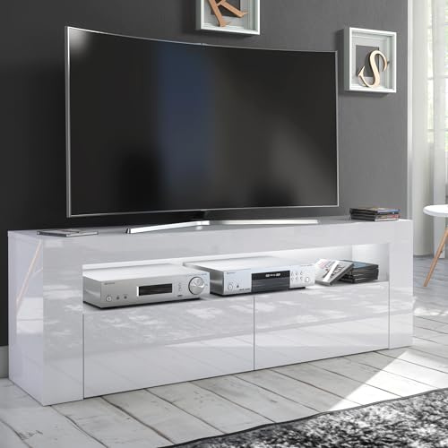 Furneo Meuble TV blanc mat et brillant 145 cm Clifton13 LED blanches