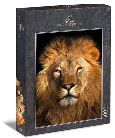 Ulmer Puzzleschmiede - Puzzle „Königs-Portrait“ - Fotografisches 1000 Teile Tierpuzzle – Der majestätische Löwe, König der Tiere, in Nahaufnahme - das Motiv für Löwen-Liebhaber