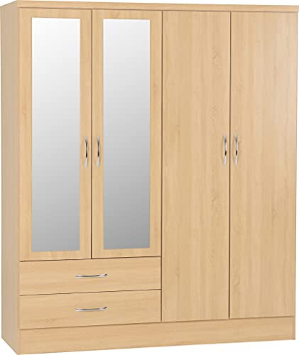 A T Seconique Nevada 4 Door 2 Drawer Mirrored Wardrobe with Hanging Rail and Shelve in Sonoma Oak Effect