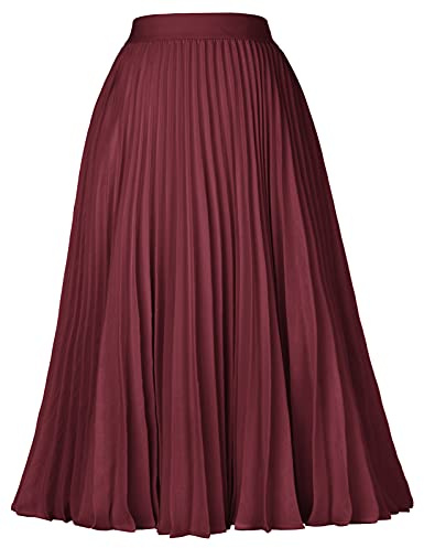 GRACE KARIN Women's Chiffon Skirts A-line Pleated Swing Midi Skirt Wine M