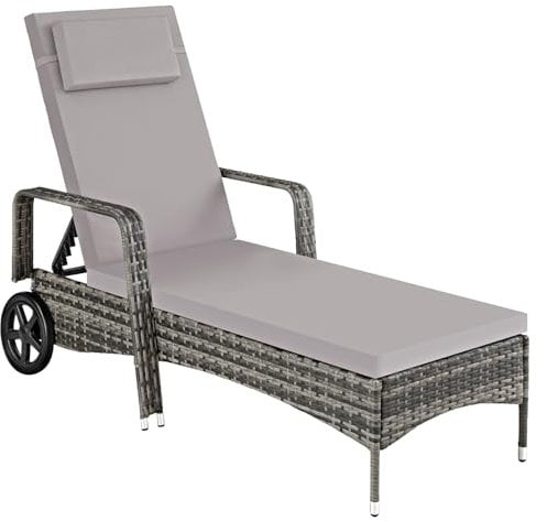 TecTake 801041 Tumbona de ratán y Aluminio para jardín, Asiento de ratán sintético para terraza con Ruedas y Respaldo Ajustable, Mobiliario de Exterior para Piscina (Gris)
