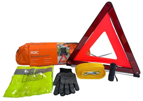 RAC Car & Vehicle Breakdown Kit - Standard Travel Safety Kit for Emergency Roadside Assistance - Includes Warning Triangle, Hi-Vis Vest, Gloves, Towrope & Torch