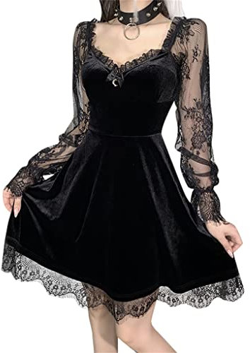 Goth Dress for Women Velvet Lace Long Sleeve Dress Sheer Mesh Lace Sleeves Black V Neck Backless Gothic, Black Velvet Lace Long Sleeve Dress, XL