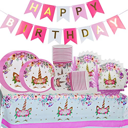 SHAMO 62 Stück Partygeschirr Einhorn,Teller Magical Unicorn, Durchmesser 9''/7'' Pappteller,Tischdecke, Pappbecher, Happy Birthday Banner, Servietten, Geburtstagsdeko Mädchen Pink-Thema, (M007-G)