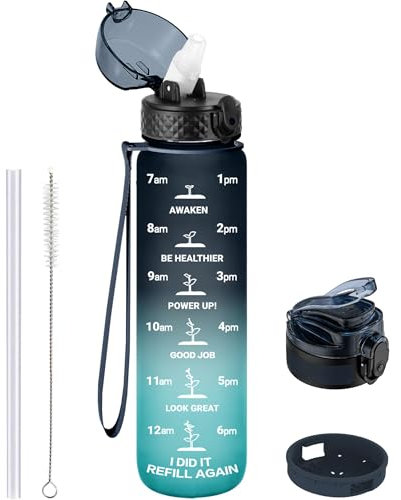 GOPPUS Trinkflasche, 1L BPA-Frei Tritan Wasserflasche mit Strohhalm, Trinkflasche Sport Auslaufsicher mit Zeitmarkierung und Bürste, Sportflasche für Fitness, Schule, Yoga, Outdoor(1 Flasche)