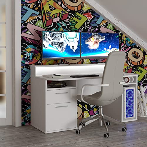 RestRelax - Warrior Gaming Desk UK's #1 Gaming Desk With LED Lights 160CM x 91CM x 72CM Computer Desk Workstation For PC Or Home Office Desk Perfect White Desk With Drawers & Storage