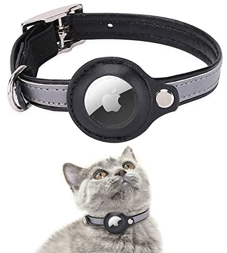 AgoumLux Airtag Katzenhalsband Reflektierend Air Tag Katze Halsband Leder für GPS Tracker Integriertes Verstellbarer Collar, Schwarz, S