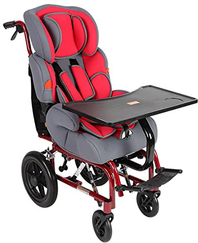 Kinderrollstuhl, Faltbar Leicht Rollstuhl für die Wohnung, Ultraleicht Reiserollstuhl mit Rollstuhl Tisch und Kindersitz, Rollstühle für Kinder von 2-8 Jahren, Rot