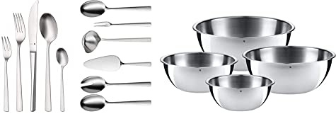 WMF Corvo Besteck Set 12 Personen, 66 teilig & Gourmet Schüsselset 4-teilig, Edelstahl Schüsseln für die Küche 0,75l - 2,75l, Rührschüssel, Salatschüssel, Servierschüssel, Cromargan, stapelbar