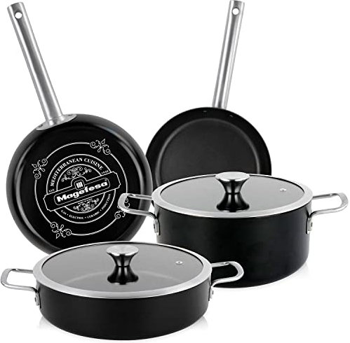 Magefesa Ares Batería Cocina Inducción 6 Piezas, Antiadherente Libre PFOA Esmalte Exterior Negro Mate, Set Cazuelas Tapa Vidrio, Sartenes, Herrajes Inox Satinados, Retro Estilo Vintage
