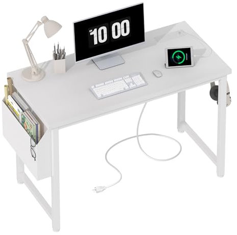 Lufeiya Computertisch mit Steckdose, 101,6 cm (40 Zoll) PC-Schreibtisch für Heimbüro, reinweiß