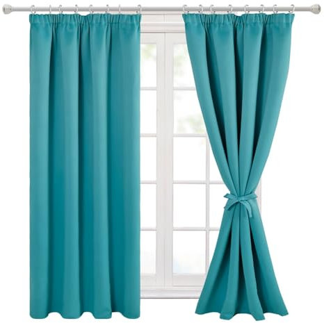 Hiasan Turquoise Bedroom Blackout Pencil Pleat Curtains - Short with Tiebacks, 46 x 54 Inch, 2 Panels