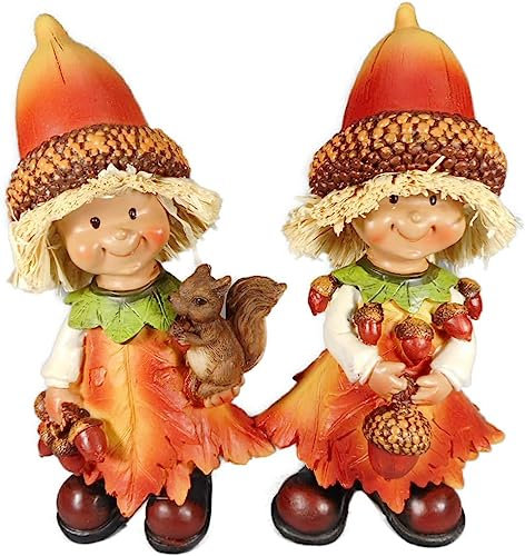 Generisch 2er Set Herbst Figuren Junge & Mädchen je 18 x 8 x 6 cm Eichhörnchen Herbstdeko Herbstfigur Deko 7010 B