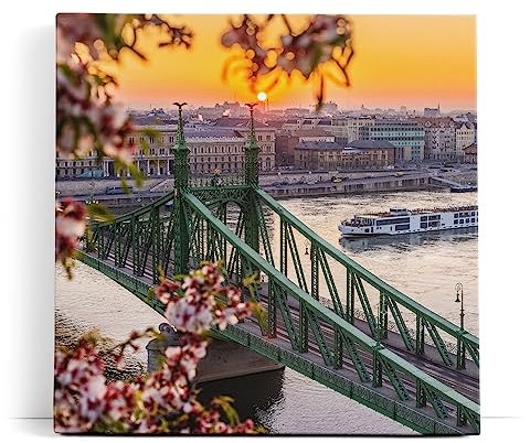 Paul Sinus Wandbild 80x80cm Freiheitsbrücke Budapest Ungarn Kanal Schiffe Sonnenuntergang