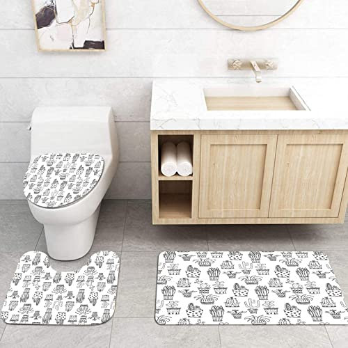 3 Pieces Bath Mat Non Slip Bathroom Rug Sets,Cactus,Doodle Flowers in Pots with Polka Dots and Zig Zags Tropical Plants Monochrome,Grey and White,Microfiber Bath Mat Set