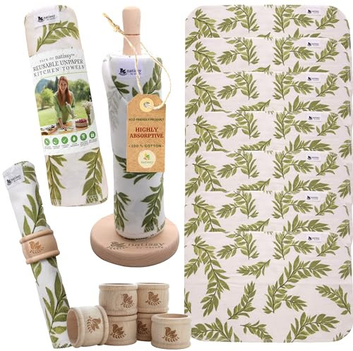 Essuie Tout Lavable Rutilisable; Paquet de 10 Sopalin Lavable Reutilisable en Coton MADE IN EU; Essuie Tout Lavable Rouleau avec Support Dérouleur en Bois; Rouleau de Papier Essuie Tout Reutilisable