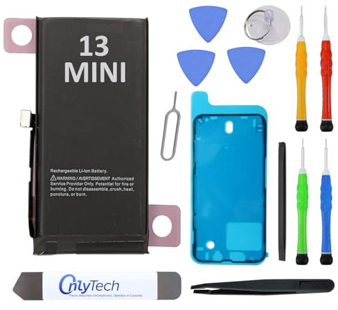 OnlyTech Premium-Ersatzakku für iPhone 13 Mini – 2406 mAh, identisch mit dem Original, Set mit 12 professionellen Werkzeugen und Displayschutz inklusive