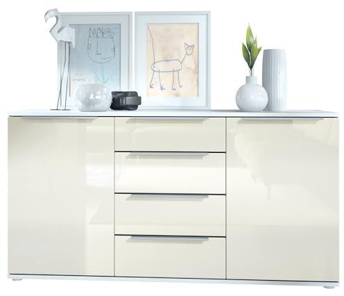 Sideboard Linio V1, Anrichte mit 2 Türen und 4 Schubladen, Weiß matt/Creme Hochglanz (138,5 x 75,5 x 35 cm)