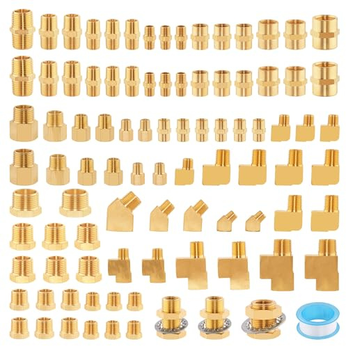 Ailbiuko 92-teiliges Messing-Rohrverschraubungs-Sortimentsset, NPT-Adapter, Sechskant-Nippel, Reduzierbuchse, Sechskantkupplung, 90 Grad & 45 Grad Barstock-Straßen-Ellenbogen, Straßent-Stück,