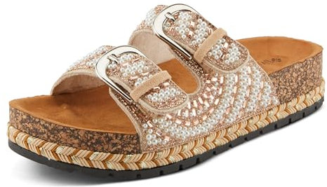 PATRIZIA Women's Pearline Platform Slide Sandal - Pearl-Beaded Slide Cork, Rose Gold, 6.5-7