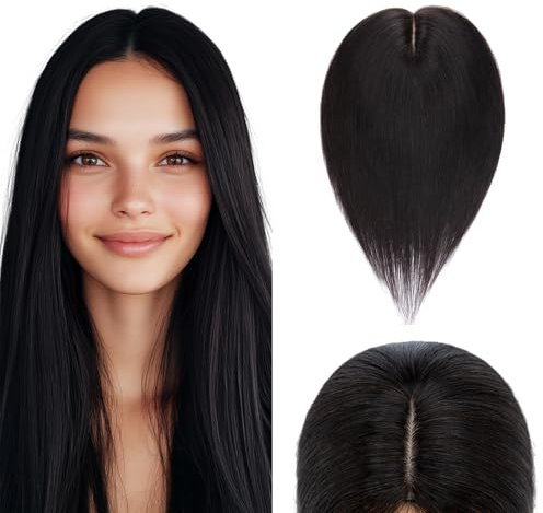 Elailite Hair Topper Echthaar, Toupet Damen, Clip in Haarteil, Haartopper Basis 10x12cm, 45cm #1B Naturschwarz