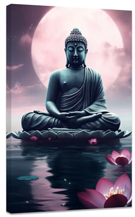 CCWACPP Zen Leinwand Wanddrucke Buddha Statue mit Lotusblume Bilder Spa Badezimmer Kunstwerk spiritueller Yoga Raum buddhistische Meditation Wanddekoration gerahmt (B (30.00 x 45.00 cms))