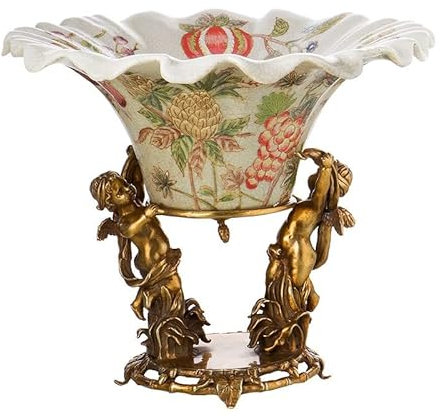 ALHLL Fruit Basket Bowl Retro Ceramic Fruit Bowl Home Living Room Decoration Porcelain Inlaid Copper Fruit Plate Character Statue Base Decor Candy Bowl Fruit Dish Fruit Bowl for Kitchen