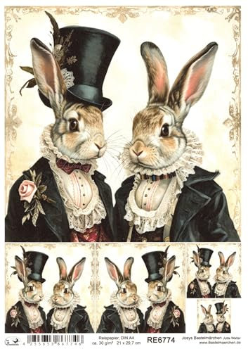 Josys Bastelmärchen Reispapier A4 Strohseide Decoupage Ostern Hasenpaar in Vintage Anzug RE6774