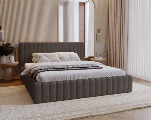 Emporius Billo Polsterbett 200x200cm - mit Lattenrost, Stauraum, Bettzeugkasten, Kopfteil - Bettgestell, Rahmen - Doppelbett - Schlafzimmer, Jugendzimmer - Boucle Dunkelgrau