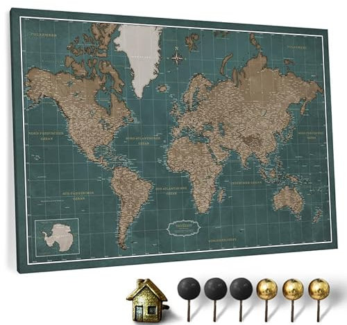 Hochwertige Canvas Weltkarte mit Kork-Pinnwand - Deutsche Beschriftung - Dekorative Wanddeko für alle Zimmer - Leinwandbilder mit Weltkarte Motiv (150x100 cm, Muster 4 Deutsch)