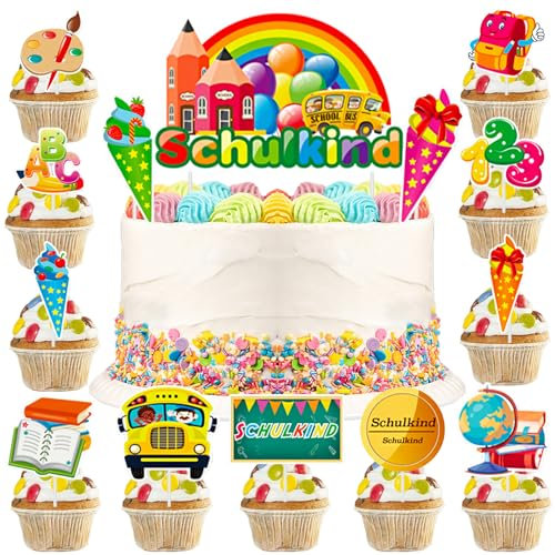 Tortendeko Einschulung, Schulkind Tortendeko, Cupcake Topper Dekorationen, Einschulung Party Torten Deko, für Schulkind Junge Mädchen Geschenk und Tortendeko Schulanfang Party Deko
