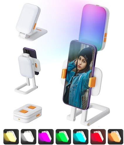 SRIKEKL Portable LED Clip On Phone Selfie Light with Stand, with Front and Back Lighting, 14 RGB Modes and 3 Lighting Modes for IPhone, Video Conferencing, TikTok, Makeup