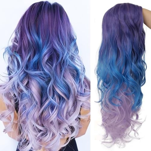 Salaibs Lila bis Blau Lange Lockige Perücken für Frauen Wellige Welle Layered Bunte Haarperücke Synthetische Hitzebeständige Faser Cosplay Hallowe