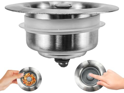 ADERTOS Colador de Fregadero de Cocina, Tapón Fregadero de Cocina 3 en 1, Tapón de Desagüe de Acero Inoxidable, Colador Cesta Fregadero Cocina para Fregaderos de 70-86mm de Ancho (10.8 * 6cm)