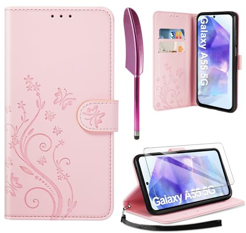 AROYI Lederhülle Kompatibel mit Samsung Galaxy A55 5G Hülle und Schutzfolie,Wallet Handyhülle Leder Tasche Kartensteckplätzen Schutzhülle Kompatibel mit Samsung Galaxy A55 5G Rosa