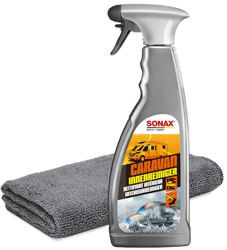 Wohnmobil Innenreinigung Set | Sonax Caravan Innenreiniger 750ml mit Geruchsvernichter + Mikrofasertuch | Für Kunststoffe, Leder, Holz, Aluminium und lackierte oder folierte Oberflächen im Wohnwagen