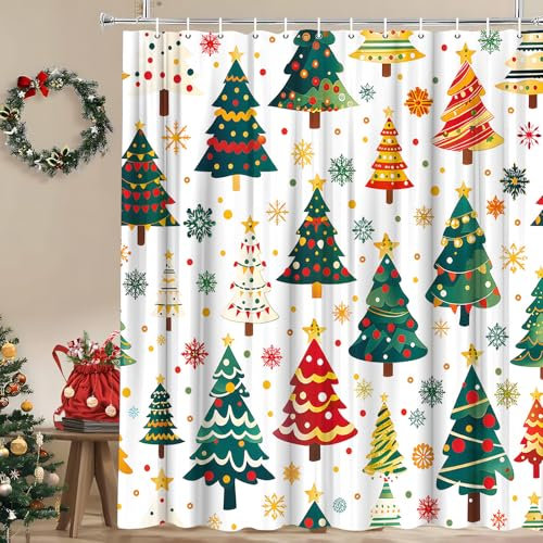 Weihnachtsbaum-Duschvorhang, abstrakt, Vintage, bunt, Tannenbaum, Kugel, Grün, Rot, Pflanze, Schneeflocke, Winterurlaub, Frohes neues Jahr, Badezimmer-Dekor, Polyester-Stoff, Vorhänge mit Haken, 178 x