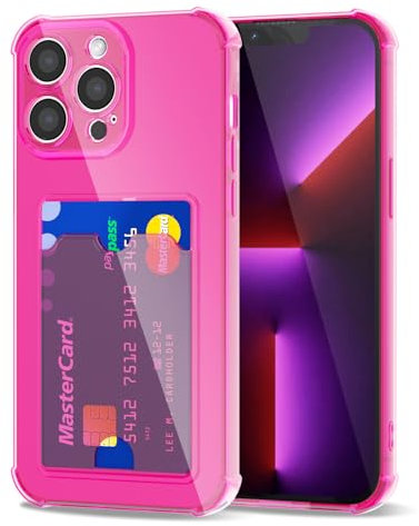 Svanove for iPhone 13 Pro Case Wallet Clear, Card Holder Case with Credit Card Slot, Thin Slim Transparent Silicone Grip Soft Rubber Protective Shockproof Airbag Bumper for Women, Hot Pink