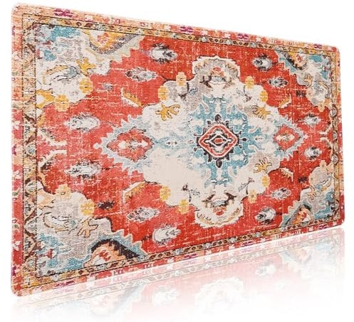 Vintage Rug Mouse Pad XXL Red Orange Retro Carpet Aesthetic Extended Table Mat 90X40 cm Non-Slip Rubber Base Stitched Edge Large Mousepad for Gaming Laptop Computer Desk Top 35.4×15.7 Inch