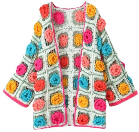 REHJJDFD Cardigan da donna con fiore all'uncinetto, stile bohémien, con filo grosso, Multi, Taglia unica