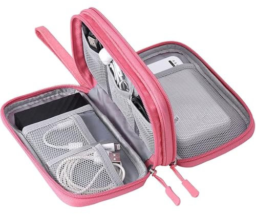 YWKJDDM Electronics Accessories Organiser Bag, Double-Layer Cable Organiser Bag, Travel Cable Organiser Bag Waterproof Travel Gadget Bag for for Power Bank Charger Adapters Flash Disk(Pink)