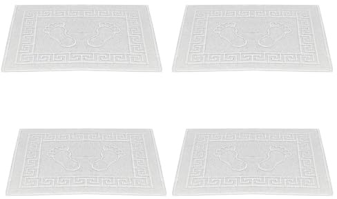 Molten Creek® Bath Mats, Classic Greek Key Design, Terry Cloth Foot Towel, Quicky Dry, Soft and Absorbent, 750 GSM, Easy to Wash, Lightweight, 100% Cotton, 50x70 cm (4, White)