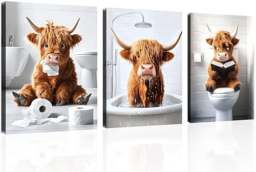 OWNANRTHM Highland Cow Badezimmer Leinwand Wandkunst Lustige Tiere Badezimmer Bild Kuh Badezimmer Wandkunst Tiere auf Toilette Gemälde Tiere in der Badewanne Poster für Badezimmer Gerahmt 30,5 x 40,6