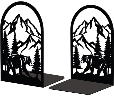 Peacoblue Lot de 2 Serre-Livres Métal Montagne Et Forêt avec Ours Décoratif | 5.3x4.3x7.9, Support Livres Stable, Design Original, Cale Livre, Pour Chambre, Bibliothèque, Bureau, École et Étagère