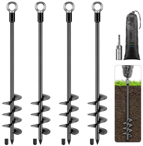 BeneLabel Zeltheringe Erdanker Bodenanker, 61cm Schwerlast Trampolin Schraubheringe 4er Groß Sand Erdnägel Spirale Windsturm Spike für Schaukel/Camping/Schuppen/Hund/Carport mit Fester Öse, Schwarz